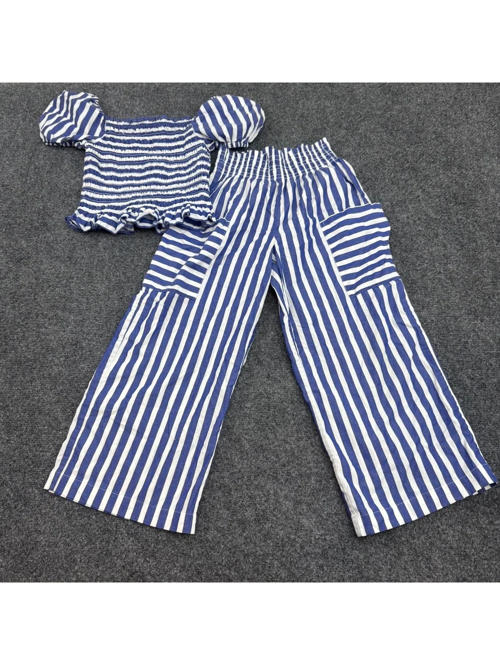 Polo Ralph Lauren Girls 7 Blue Stripe Smocked Top Wide Leg Pants Outfit Set